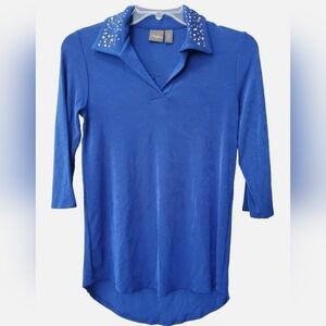 CHICO'S TRAVELEVS, Blue Top Strech With Studded Collar Women's Size 3.